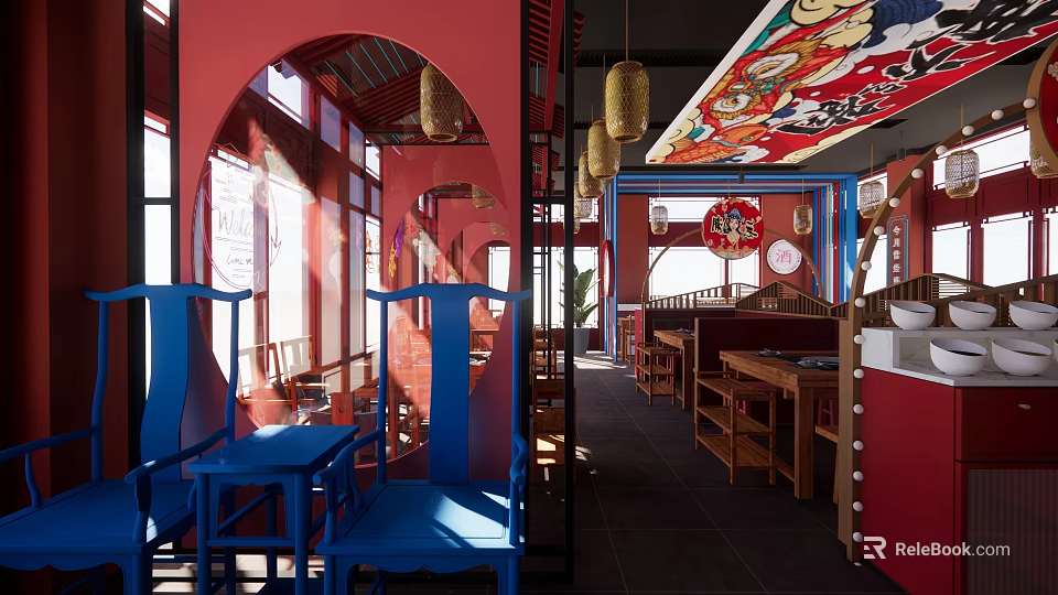 Chinese Traditional Hotpot Restaurant Interior With Red Decor Blue Chairs And Hanging Lanterns 3d model 