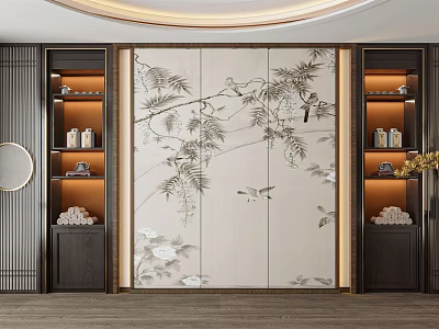 Traditional Chinese Sofa Background Wall With Floral Bird Mural And Warm Lit Cabinets 3d model