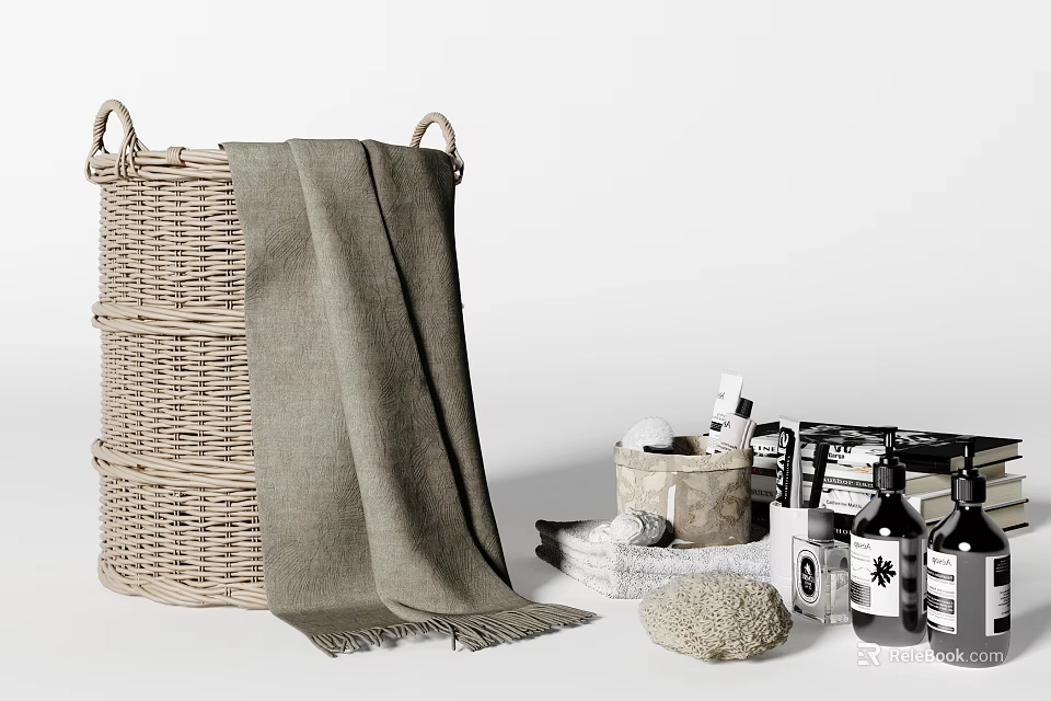 Woven Storage Basket with Gray Blanket and Bathroom Supplies Sponge Bottles and Small Containers 3d model 