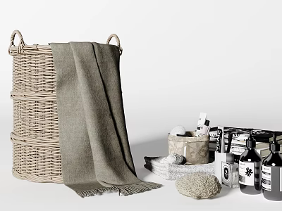 Woven Storage Basket with Gray Blanket and Bathroom Supplies Sponge Bottles and Small Containers 3d model