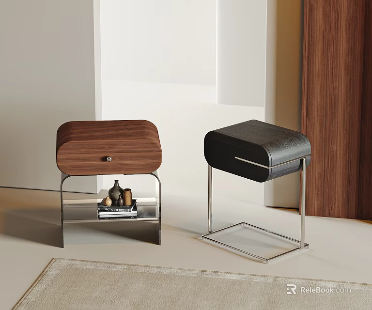 Modern Bedside Tables With Walnut Wood And Black Leather Metal Frames Decorative Vase And Books 3d model 