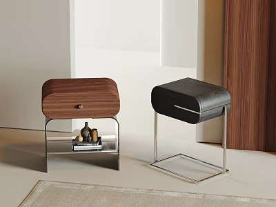 Modern Bedside Tables With Walnut Wood And Black Leather Metal Frames Decorative Vase And Books 3d model