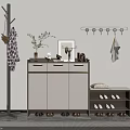 Modern Shoe Cabinet With Drawers Doors Decorative Items And Green Plant By Coat Rack