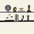 Elegant Decorative Ornament Set with Horse Sculpture Bird Figurine Books and Vase on Shelves