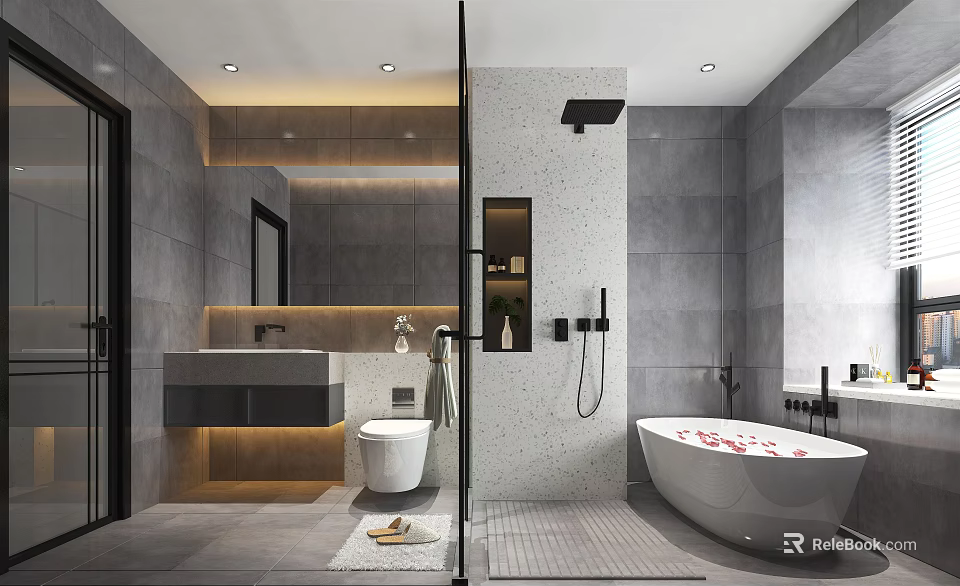 Modern Bathroom Interior Design With Gray Tiles Bathtub Sink Vanity And Toilet 3d model 