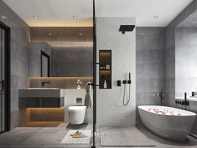 Modern Bathroom Interior Design With Gray Tiles Bathtub Sink Vanity And Toilet 3d model