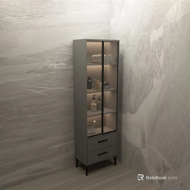 Modern Gray Storage Cabinet With Glass Door Shelves And Drawers For Home Interior 3d model 