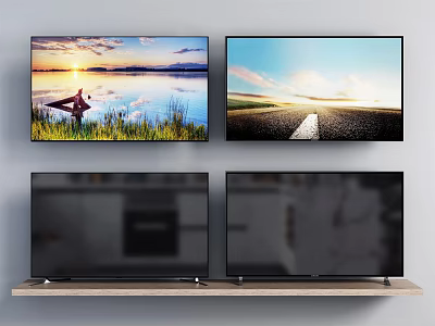 Multiple TVs Displaying Scenic Landscapes Wall Mounted And Shelf Placed 3d model