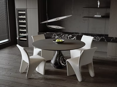 Modern Dining Table Set with Round Tabletop and White Sculptural Chairs in Contemporary Kitchen 3d model