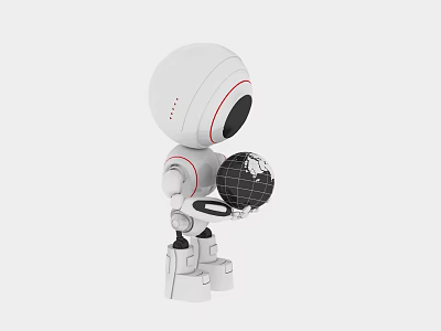 Smart Robot With White Body Red Accents Holding Globe In Hands 3d model