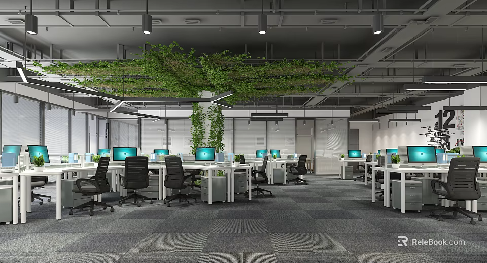 Modern Open Office Space With Hanging Green Plants Desktops Computers And Workstations 3d model