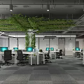 Modern Open Office Space With Hanging Green Plants Desktops Computers And Workstations 3d model