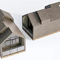 Modern Wooden House Architectural Model With Sloped Roof Wooden Siding And Large Glass Windows