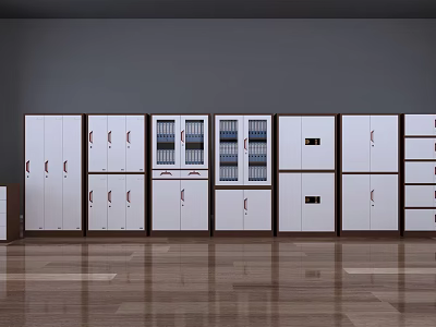 White Multiple Bookcases Interior With Cabinet Doors And Storage Shelves On Wooden Floor 3d model