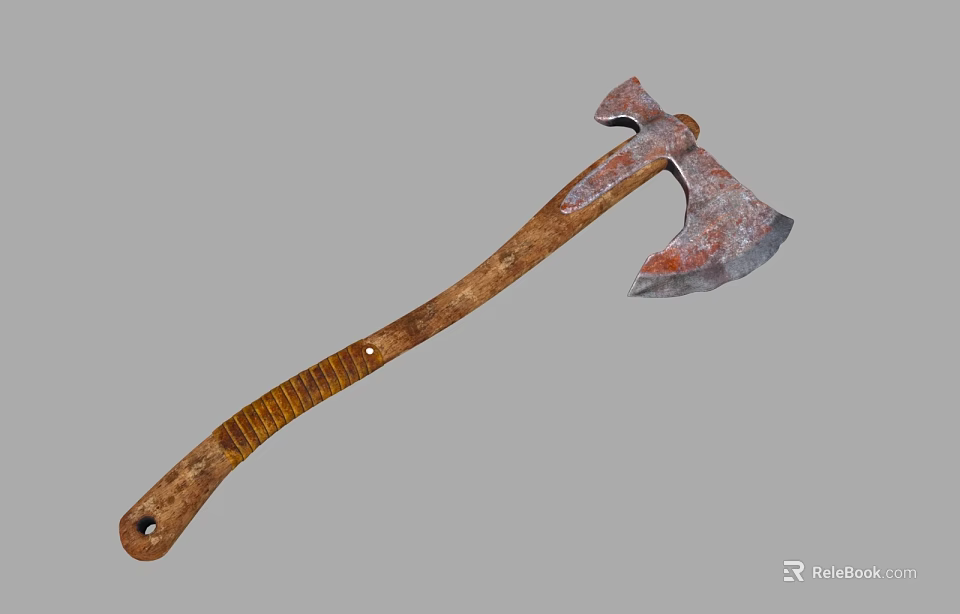 Vintage Rusty Axe With Carved Wooden Handle And Metal Head Design 3d model 