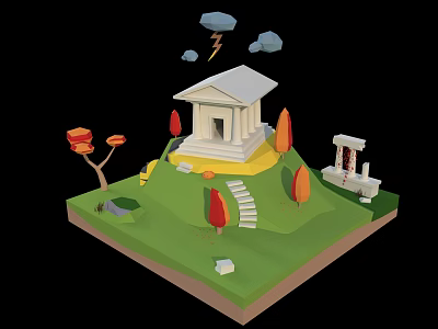 Cartoon Scene Featuring White Building On Green Hill Stone Steps Colorful Trees Clouds And Lightning 3d model