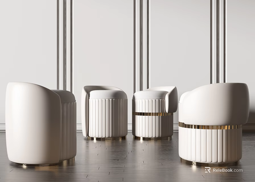 White Sofa Stools With Vertical Stripes And Gold Trim For Modern Interior Spaces 3d model 