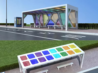 Modern Outdoor Bus Stop With Colorful Panels And Comfortable Seating Benches 3d model