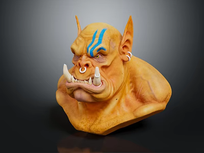 Fantasy Creature Head With Yellow Skin Horns Blue Stripes Pointed Ears Tusks Nose Ring Earrings 3d model