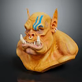 Fantasy Creature Head With Yellow Skin Horns Blue Stripes Pointed Ears Tusks Nose Ring Earrings