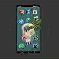 Cartoon Scene on Smartphone Screen with Beach Palm Tree Small House and Colorful App Icons
