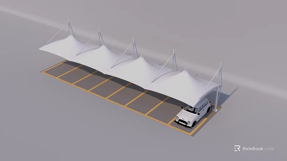 White Carport Canopy Covering Parking Spaces with Yellow Lines and White Car 3d model 