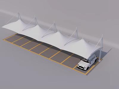 White Carport Canopy Covering Parking Spaces with Yellow Lines and White Car 3d model