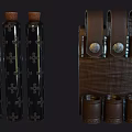 Brown Leather Wrapped Storage Container Set With Three Glass Bottles And Metal Clasps