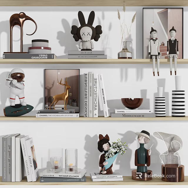 Home Decorative Ornament Combinations With Shelf Display Dolls Animal Sculptures And Vases 3d model 