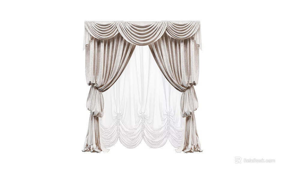 Elegant Pleated Curtains With Sheer Panels And Decorative Tiebacks For Windows 3d model 