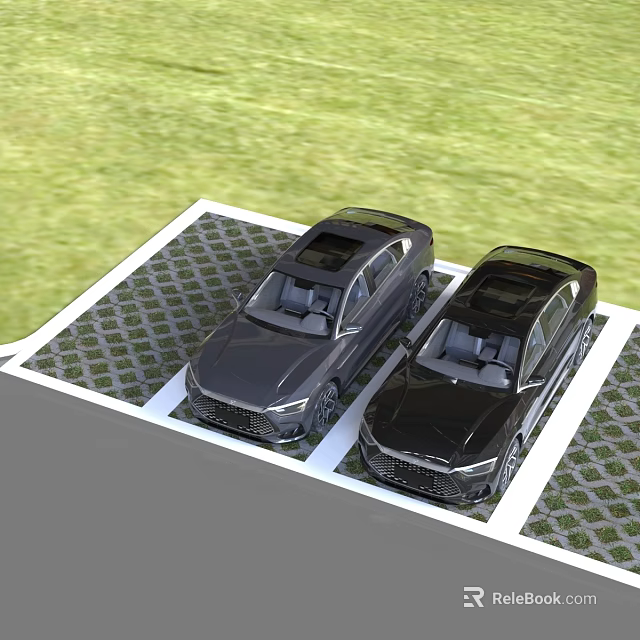 Two Black Cars Parked on Grid Pattern Parking Lot With Green Grass Background 3d model 