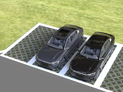 Two Black Cars Parked on Grid Pattern Parking Lot With Green Grass Background 3d model