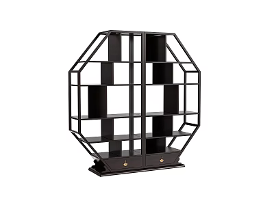 Black Octagonal Etagere with Multiple Compartments and Drawers Featuring Golden Handles for Decorative Storage 3d model