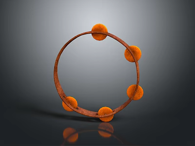 Tambourine Musical Instrument With Circular Metal Frame And Five Orange Pom Poms 3d model