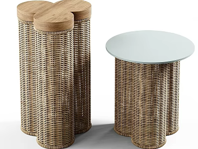 Woven Rattan Side Tables With Round Wooden And Glass Table Tops 3d model