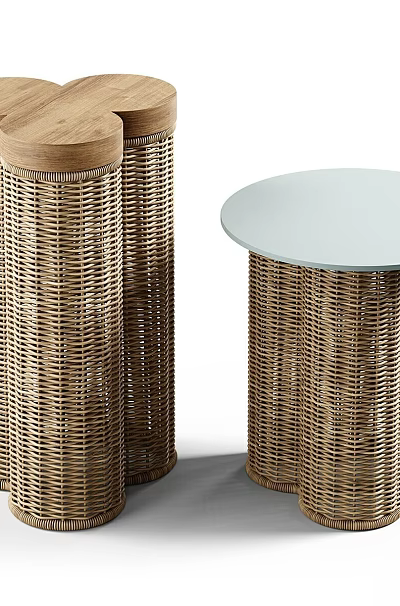 Woven Rattan Side Tables With Round Wooden And Glass Table Tops 3d model