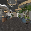 Modern Cafe Interior Design With Bar Counter Bar Stools Wine Racks And Decorative Plants