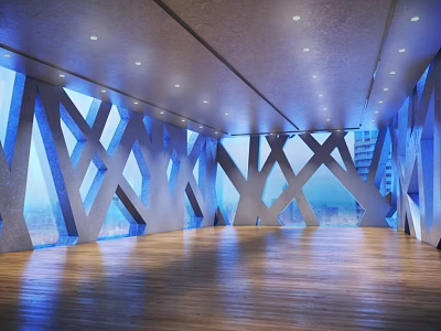 Spacious Modern Hall Interior With Geometric Wall Patterns And Wooden Flooring 3d model