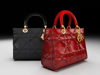 Black And Red Quilted Leather Handbags With Gold Hardware Handles 3d model