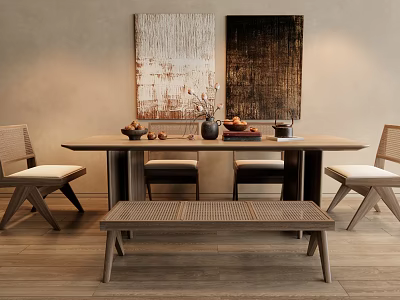 Modern Wooden Dining Table Set With Chairs Bench And Wall Art Decorative Items 3d model