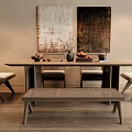 Modern Wooden Dining Table Set With Chairs Bench And Wall Art Decorative Items