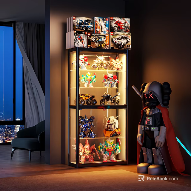 Modern Display Cabinet With Glass Doors And Illuminated Shelves For Collectible Toy Models 3d model 