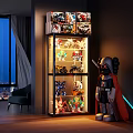Modern Display Cabinet With Glass Doors And Illuminated Shelves For Collectible Toy Models