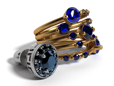 Gold Rings With Blue Gemstones And Silver Stud Earrings Intricate Design Jewelry Set 3d model