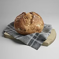 Fresh Homemade Bread Sliced Round Half Loaf on Wooden Board Cloth Metal Rack
