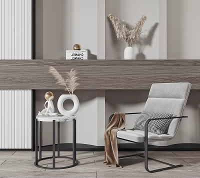 Gray Armchair With Blanket Marble Side Table Decorations And Wooden Shelf Dried Plants 3d model