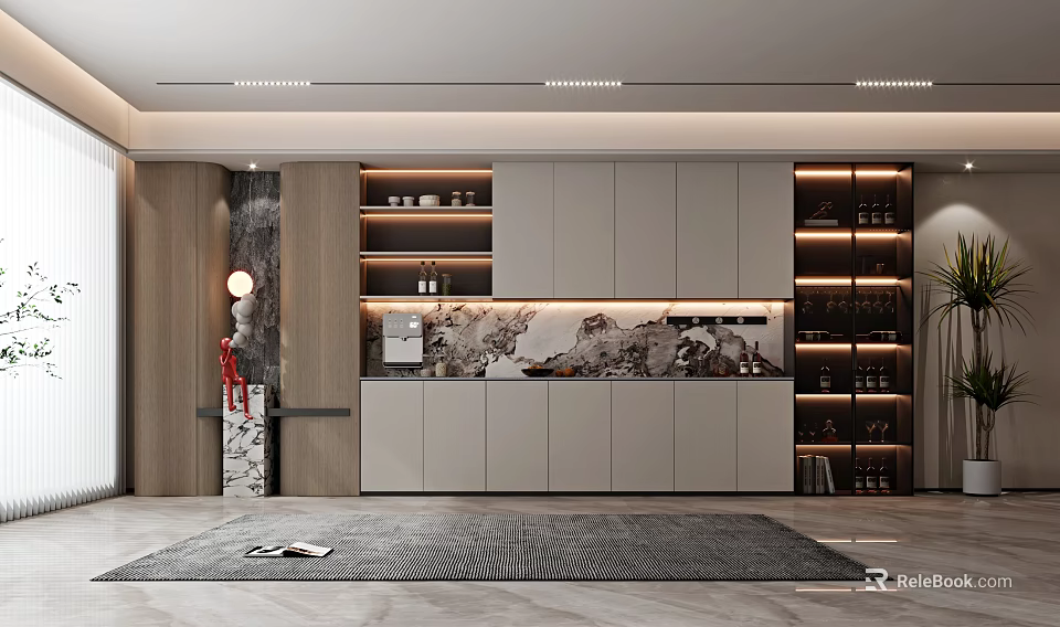 Modern Wine Cabinet Design With Glass Doors LED Lighting And Display Shelves 3d model 