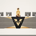 Elegant Modern Reception Desk Featuring Black And Gold Countertop VIGOROUS Logo Multiple Apple Monitors