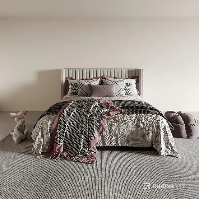 Cozy Double Bed With Upholstered Headboard Plush Pillows Patterned Blanket Stuffed Rabbit And Gray Carpet 3d model 