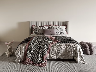 Cozy Double Bed With Upholstered Headboard Plush Pillows Patterned Blanket Stuffed Rabbit And Gray Carpet 3d model